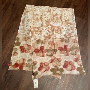Woolmark Pure New Wool Scarf Made in India Floral Brown Beige 71x23.5” NWT